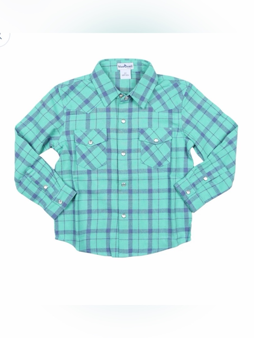 BLUE QUAIL Blue and Green Plaid Flannel Pearl Snap Long Sleeve Shirt - 12M
